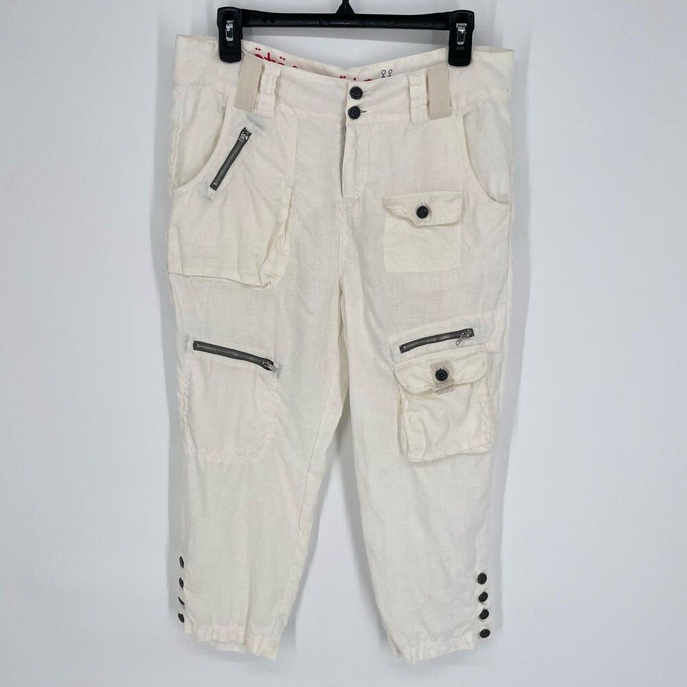 Pete & Greta by Johnny Was Linen Cargo Capri Pants Pockets Y2K Sz 6 Cream